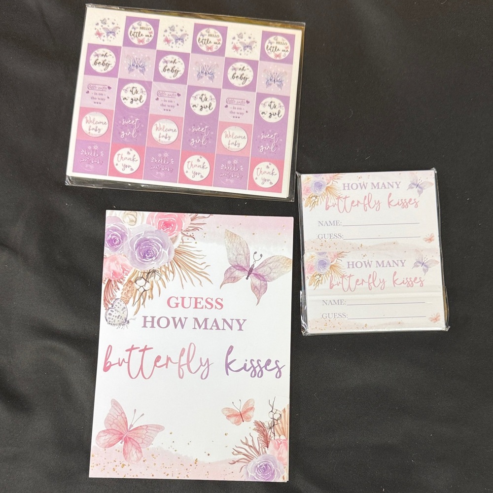 Guess How Many Butterfly Kisses Game Set - cards for guests to sign & stickers